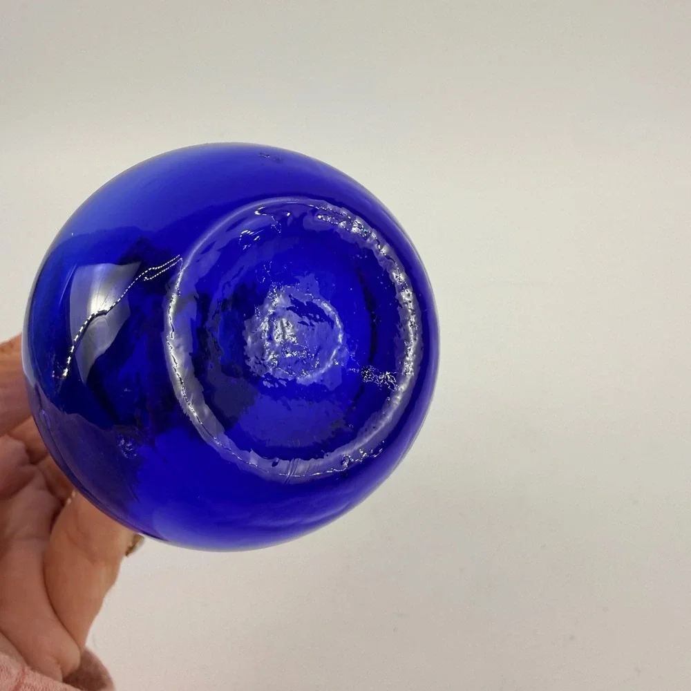 Vintage Hand Blown Cobalt Blue Art Glass Bud Vase Orb Ball Base Studio Glass